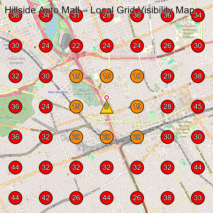 Hillside Auto Mall GeoGrid visibility map for Used Car Dealer in Queens